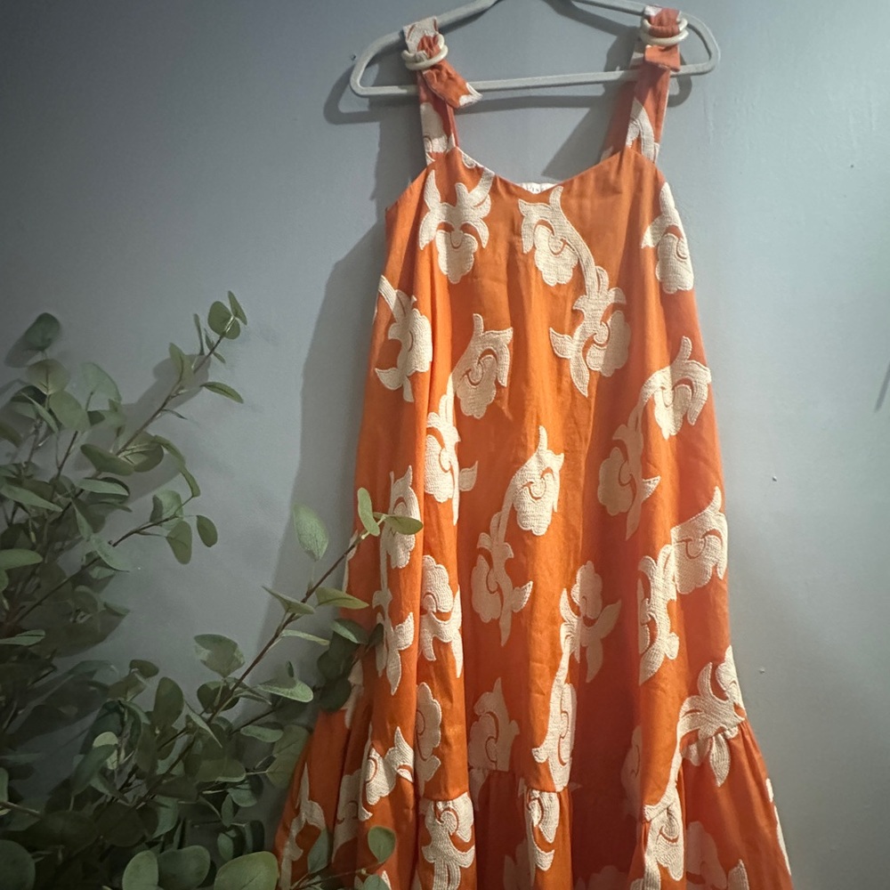 Exquise Phoebe Flounced Maxi Dress Size XS Orange Ivory Anthropologie